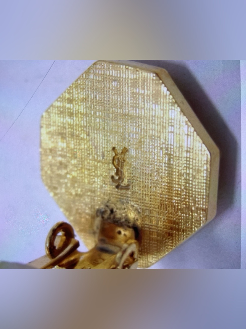 YSL Yves Saint Laurent Gold-Tone Octagon Logo Clip Earrings with Silver Center - Picture 7 of 7